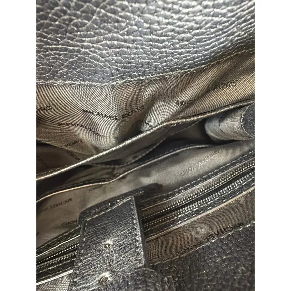 Michael Kors Black Pebble Leather Double Handle Large Outer Pocket Zip Tote Bag